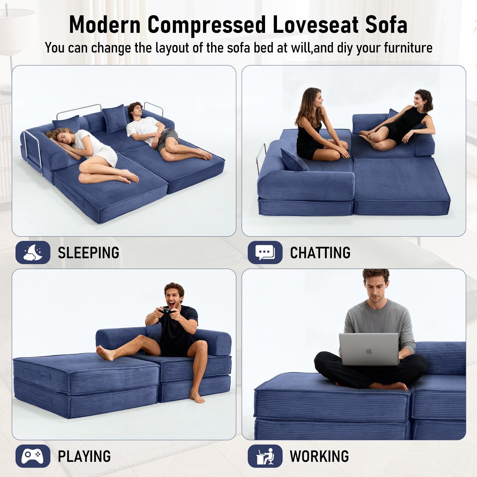 Convertible Corduroy Sleeper Sofa Bed With Two Pillows Blue_voghion.com